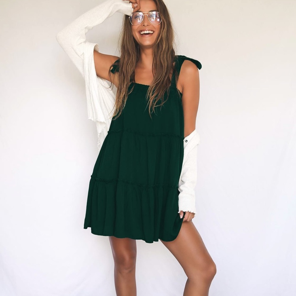 Lulus Tiered Tied Strap Mini Dress- Hunter Green